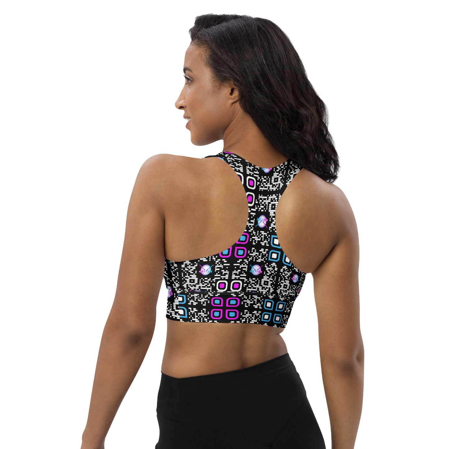 Longline sports bra (Black, White QR)