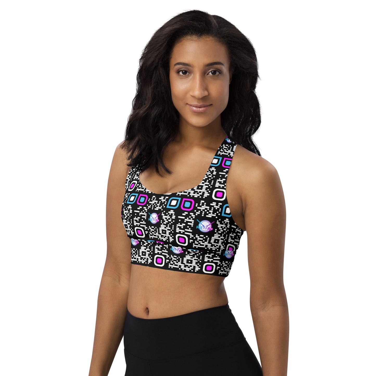Longline sports bra (Black, White QR)