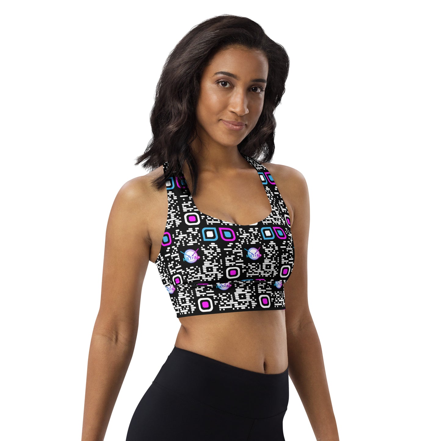 Longline sports bra (Black, White QR)