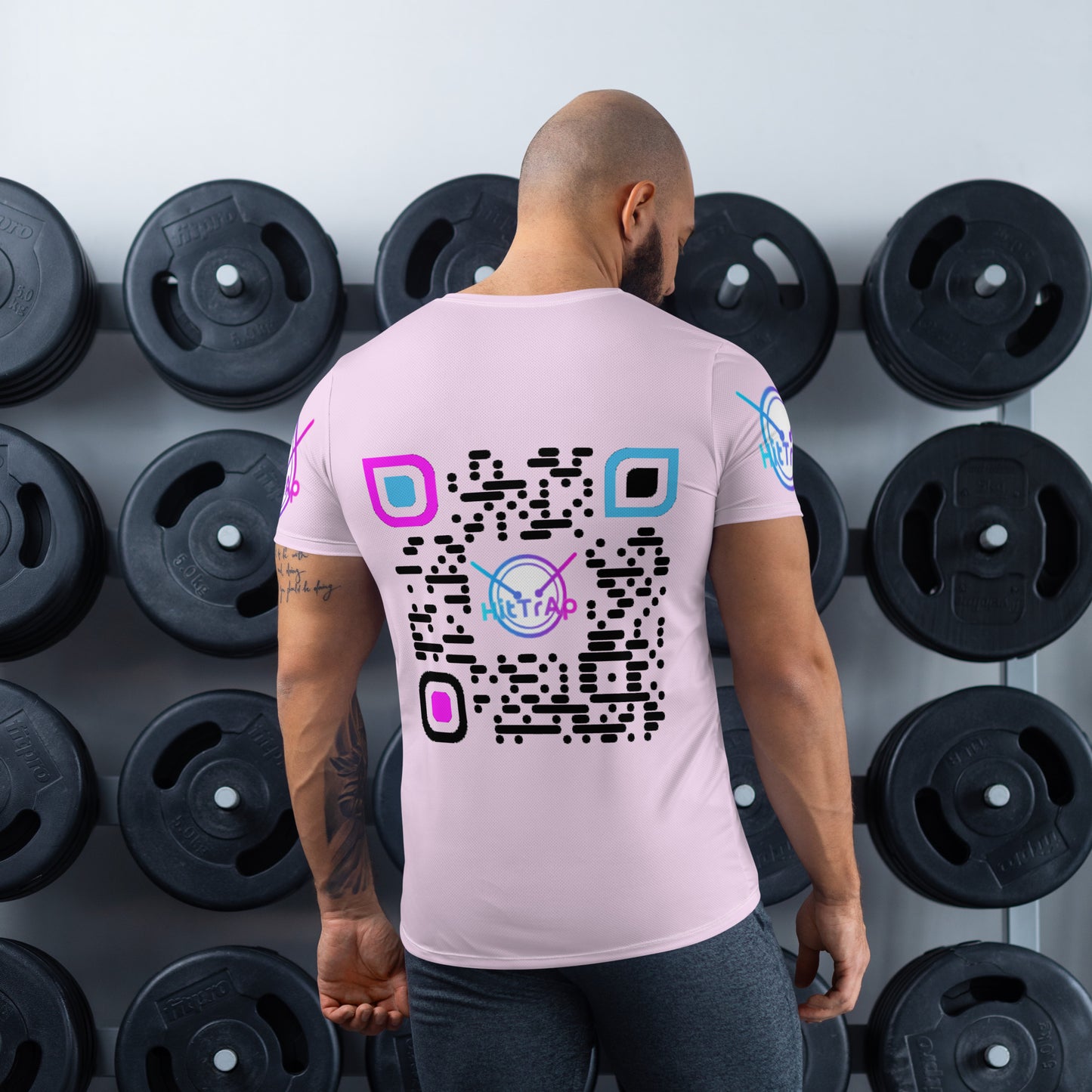 All-Over Print Men's Athletic T-shirt (Salmon, Black QR)