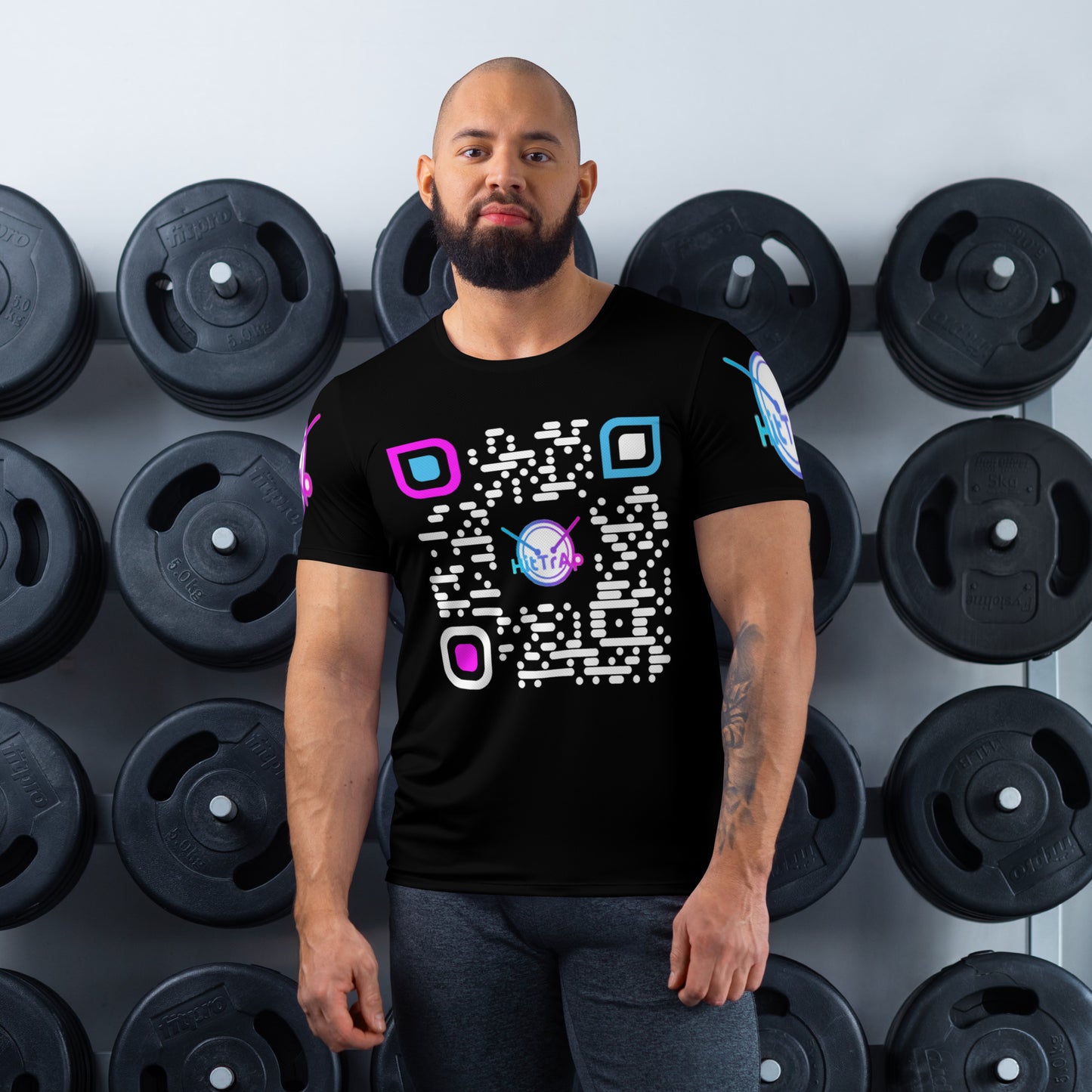 All-Over Print Men's Athletic T-shirt (Black, White QR)