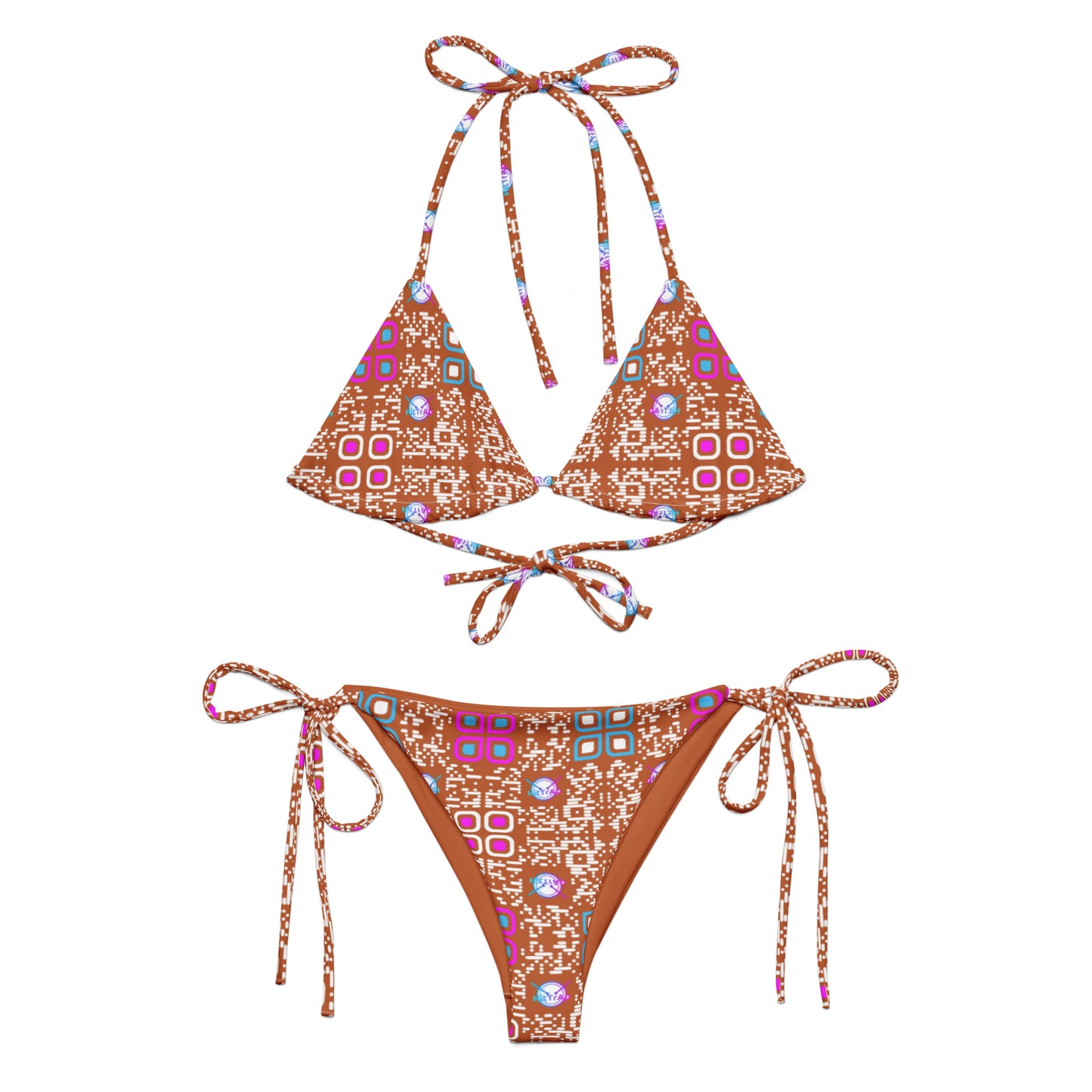 All-over print recycled string bikini (Almond, White Code Pattern)