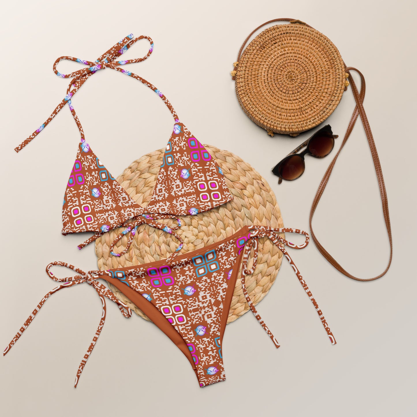 All-over print recycled string bikini (Almond, White Code Pattern)
