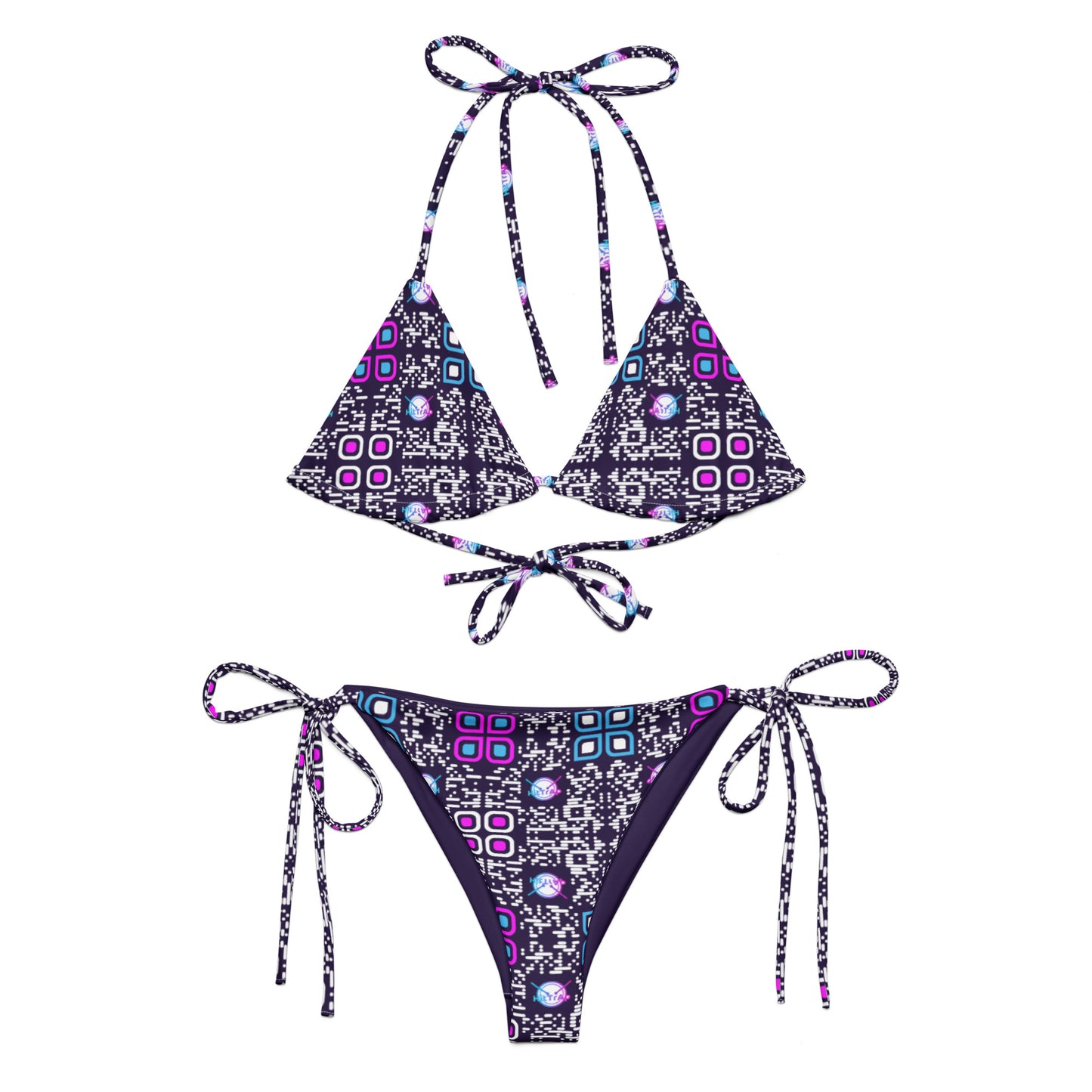All-over print recycled string bikini (Purple, White Code Pattern)