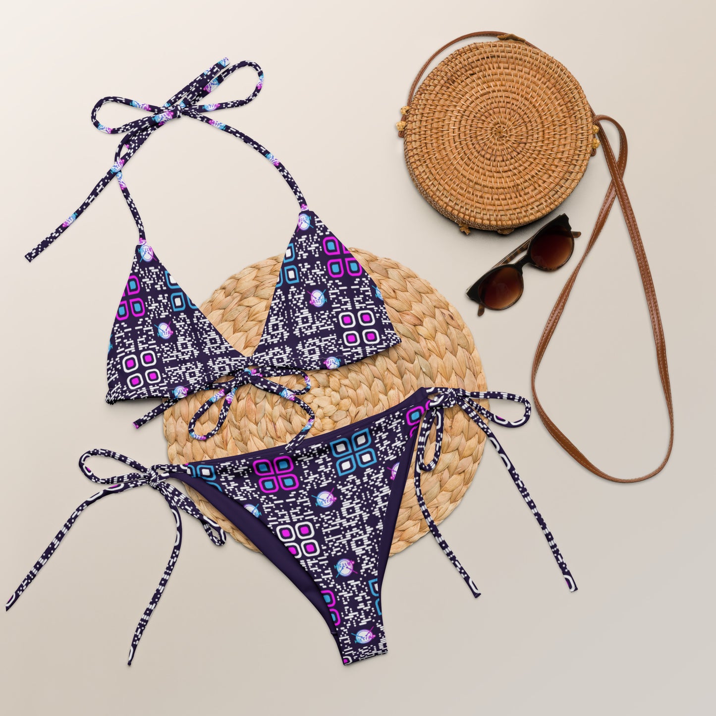 All-over print recycled string bikini (Purple, White Code Pattern)