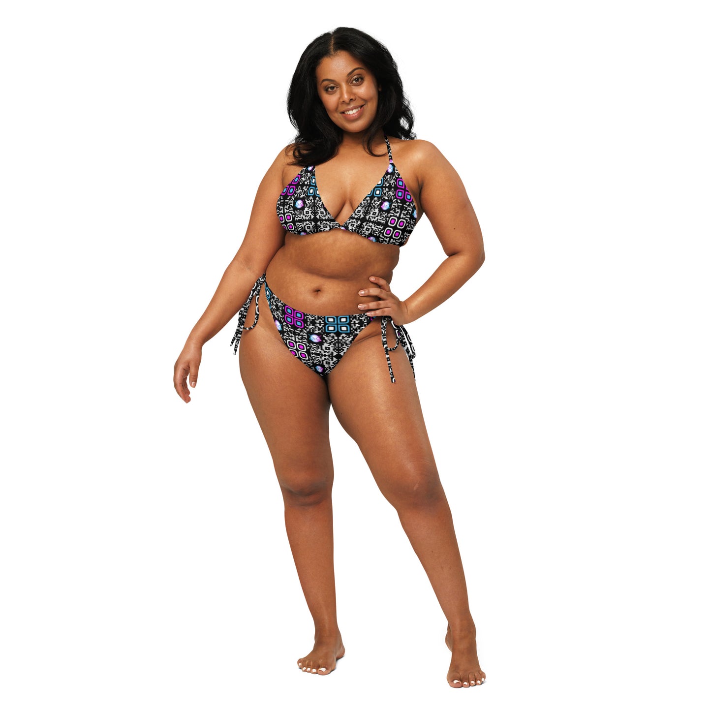 All-over print recycled string bikini (Black, White Code Pattern)