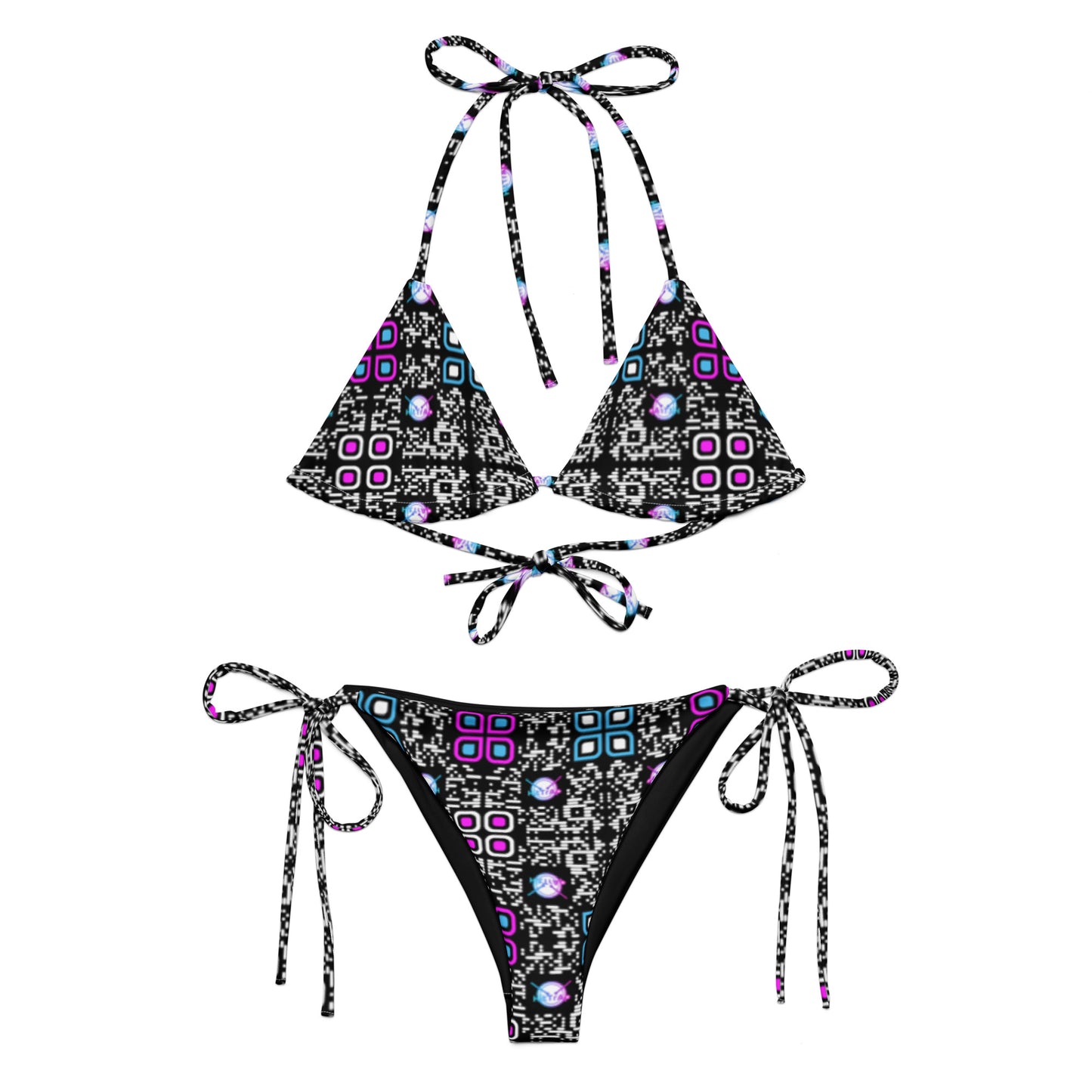 All-over print recycled string bikini (Black, White Code Pattern)