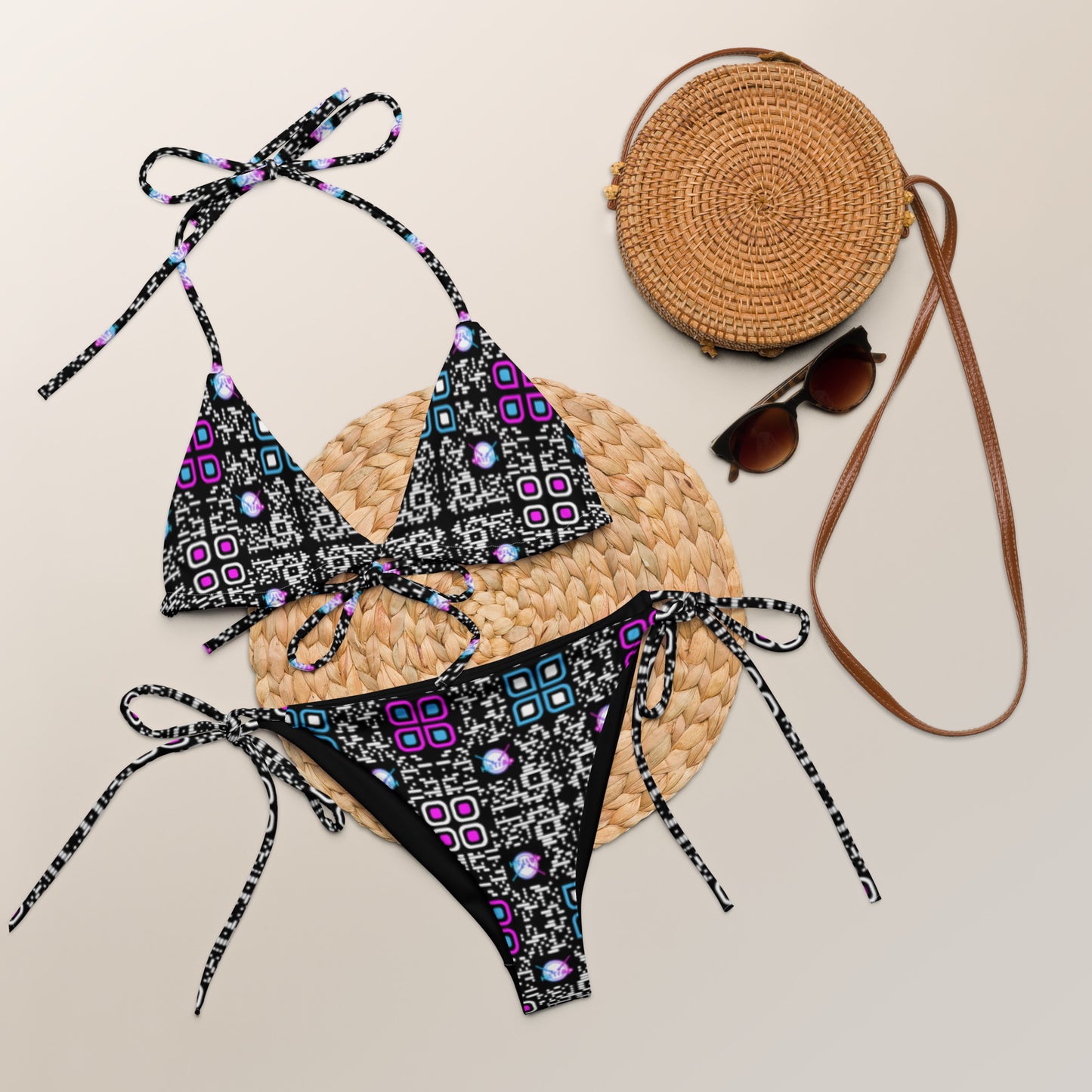 All-over print recycled string bikini (Black, White Code Pattern)