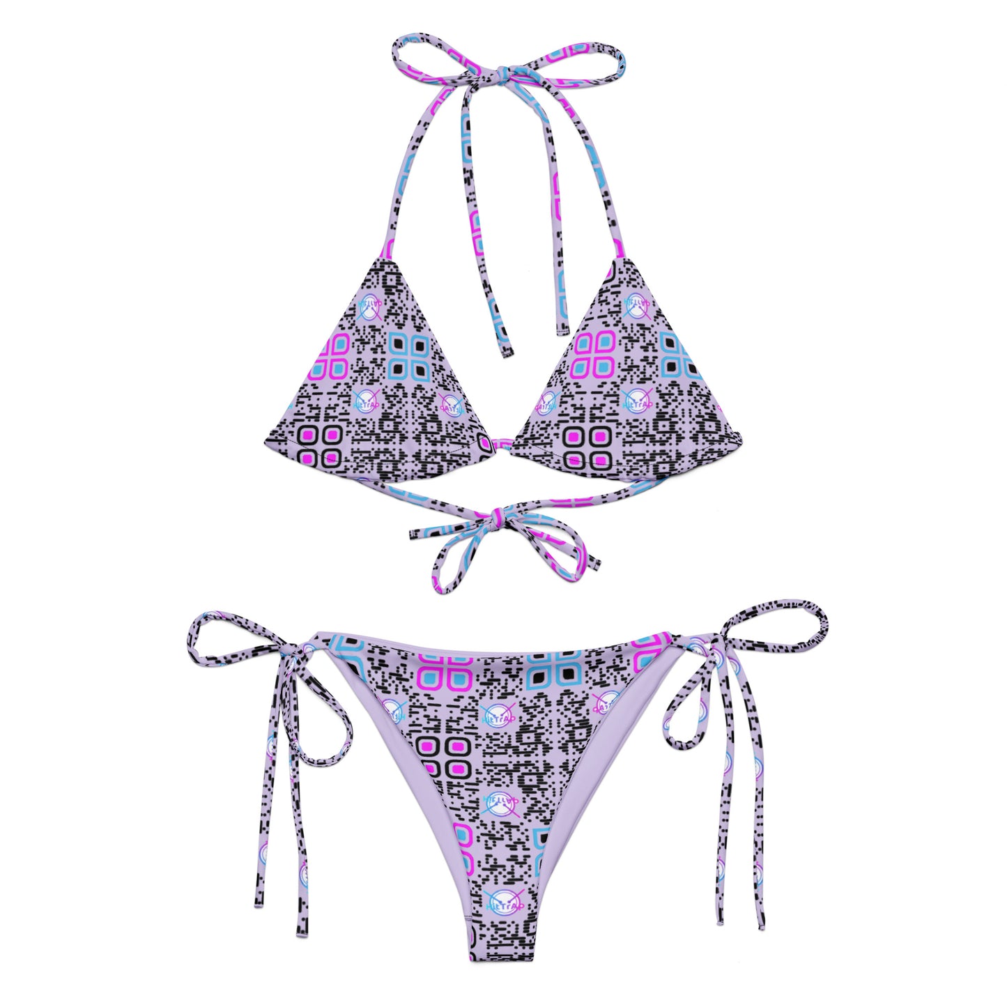 All-over print recycled string bikini (Lavender, Black Code Pattern)