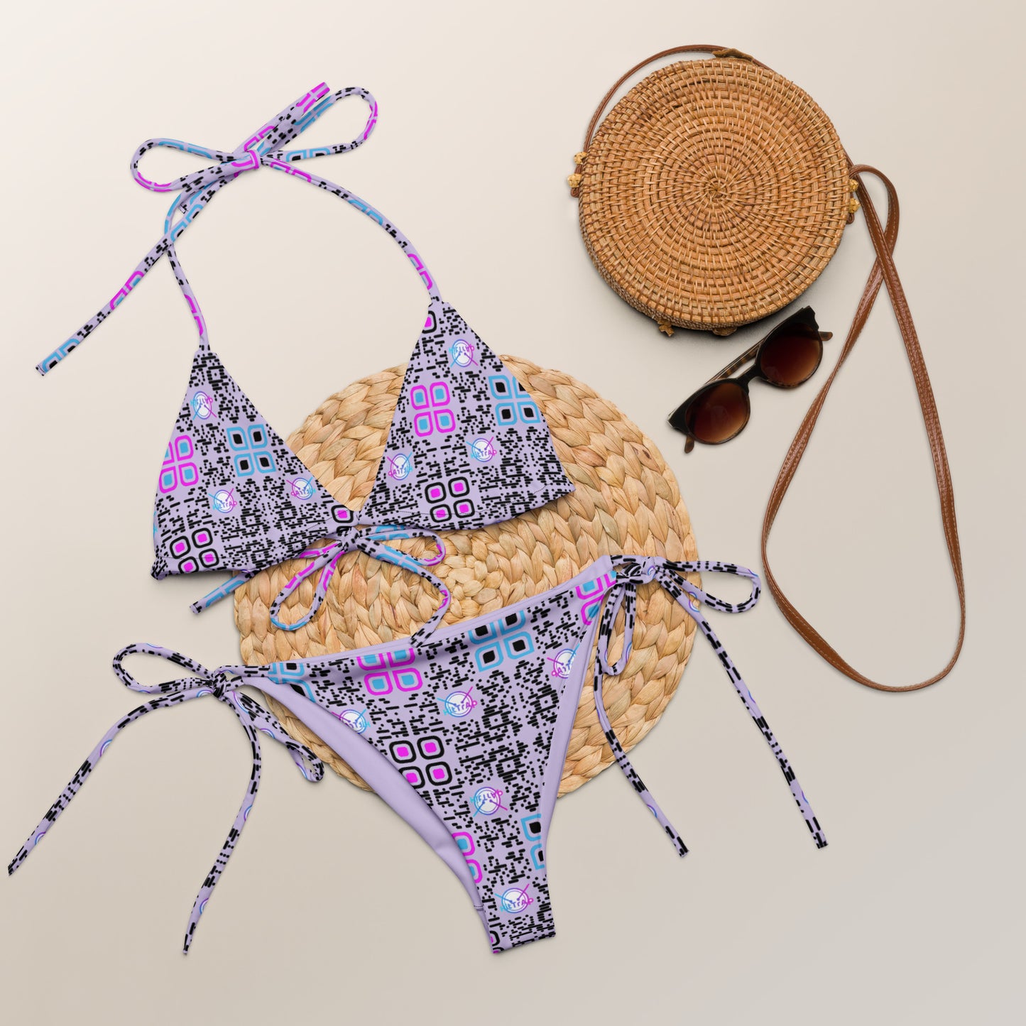 All-over print recycled string bikini (Lavender, Black Code Pattern)