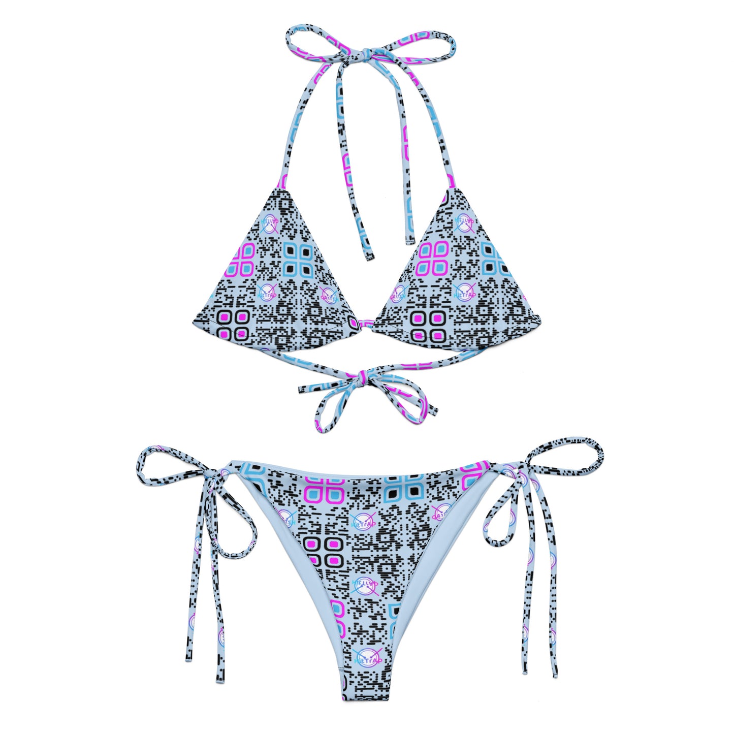 All-over print recycled string bikini (Blue, Black Code Pattern)