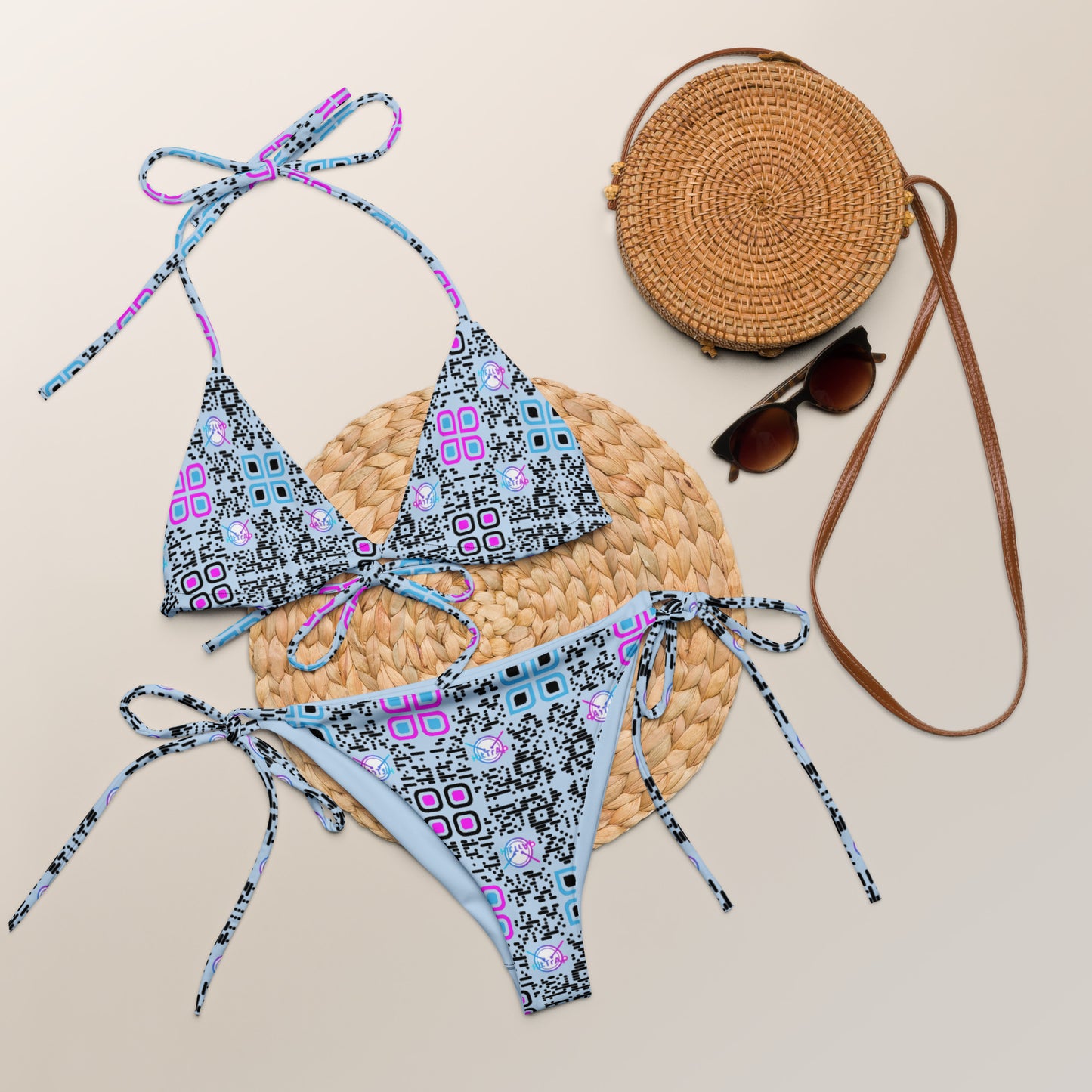 All-over print recycled string bikini (Blue, Black Code Pattern)