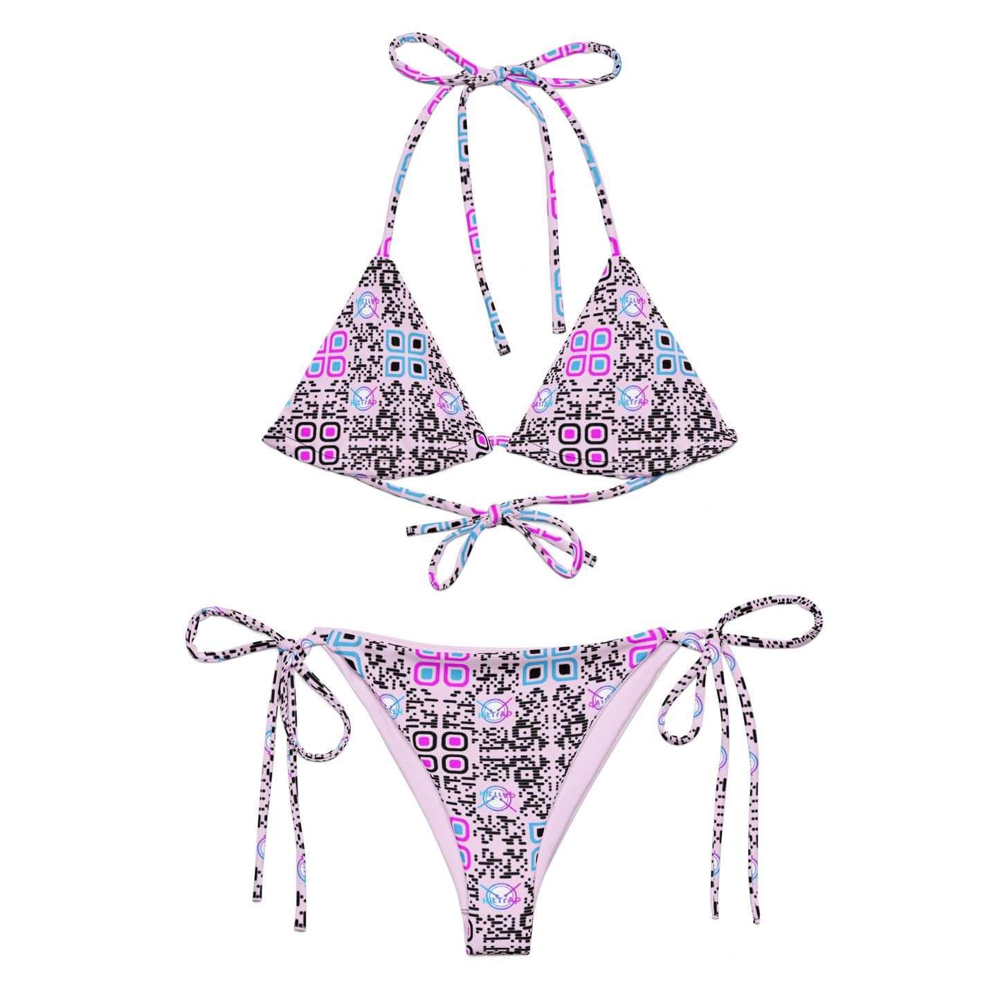 All-over print recycled string bikini (Pink, Black Code Pattern)