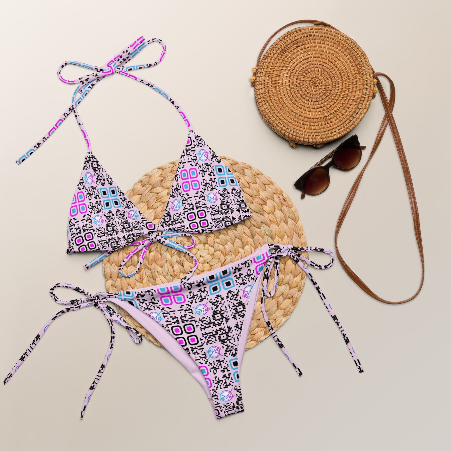 All-over print recycled string bikini (Pink, Black Code Pattern)