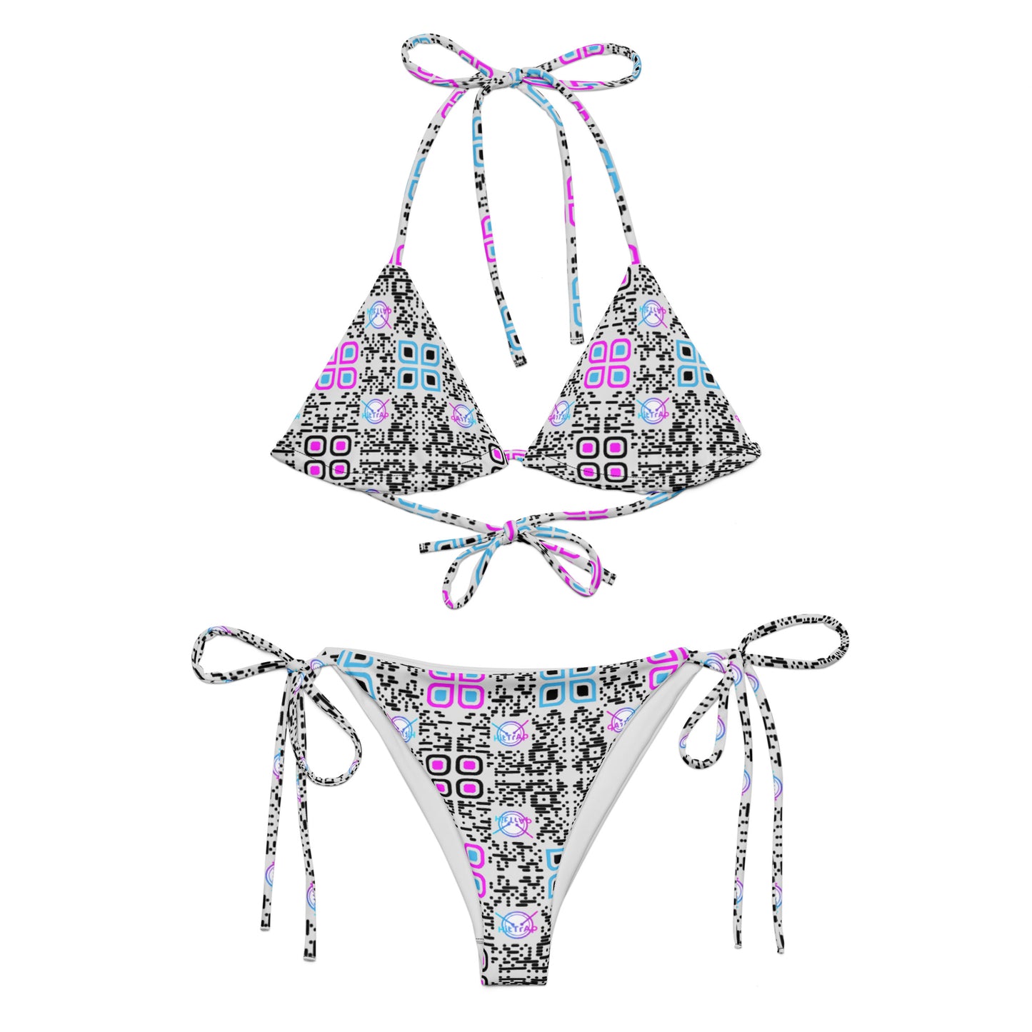 All-over print recycled string bikini (Gray, Black Code Pattern)