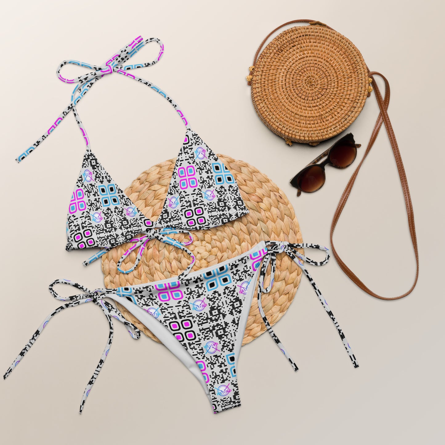 All-over print recycled string bikini (Gray, Black Code Pattern)