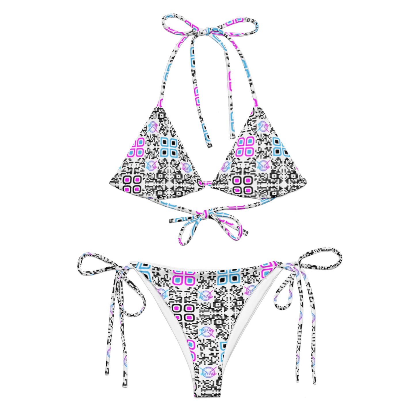 All-over print recycled string bikini (White, Black Code Pattern)