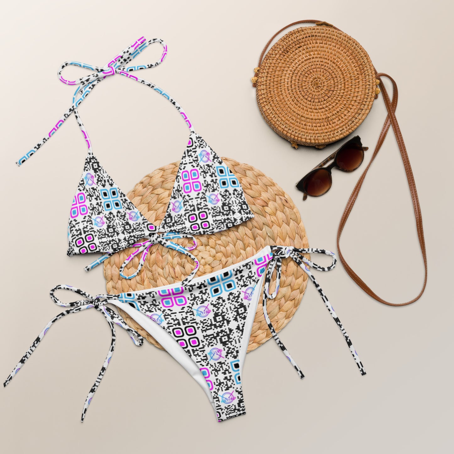 All-over print recycled string bikini (White, Black Code Pattern)