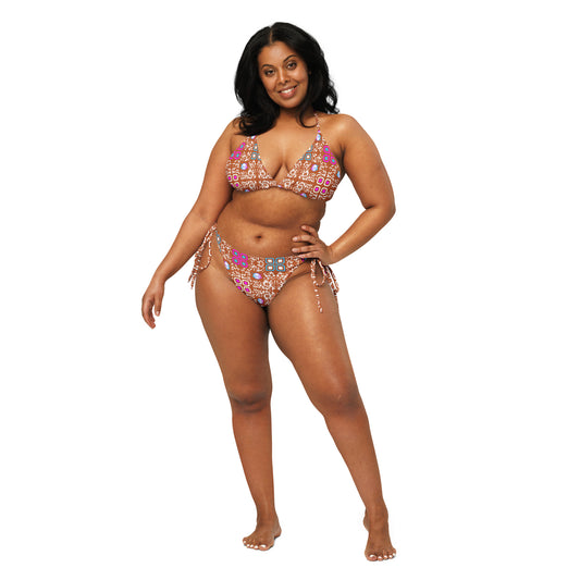 All-over print recycled string bikini (Almond, White Code Pattern)