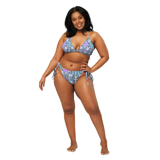 All-over print recycled string bikini (Blue, Black Code Pattern)