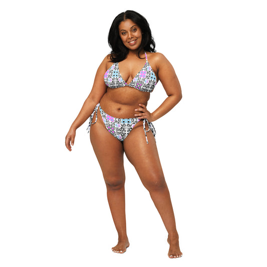 All-over print recycled string bikini (White, Black Code Pattern)
